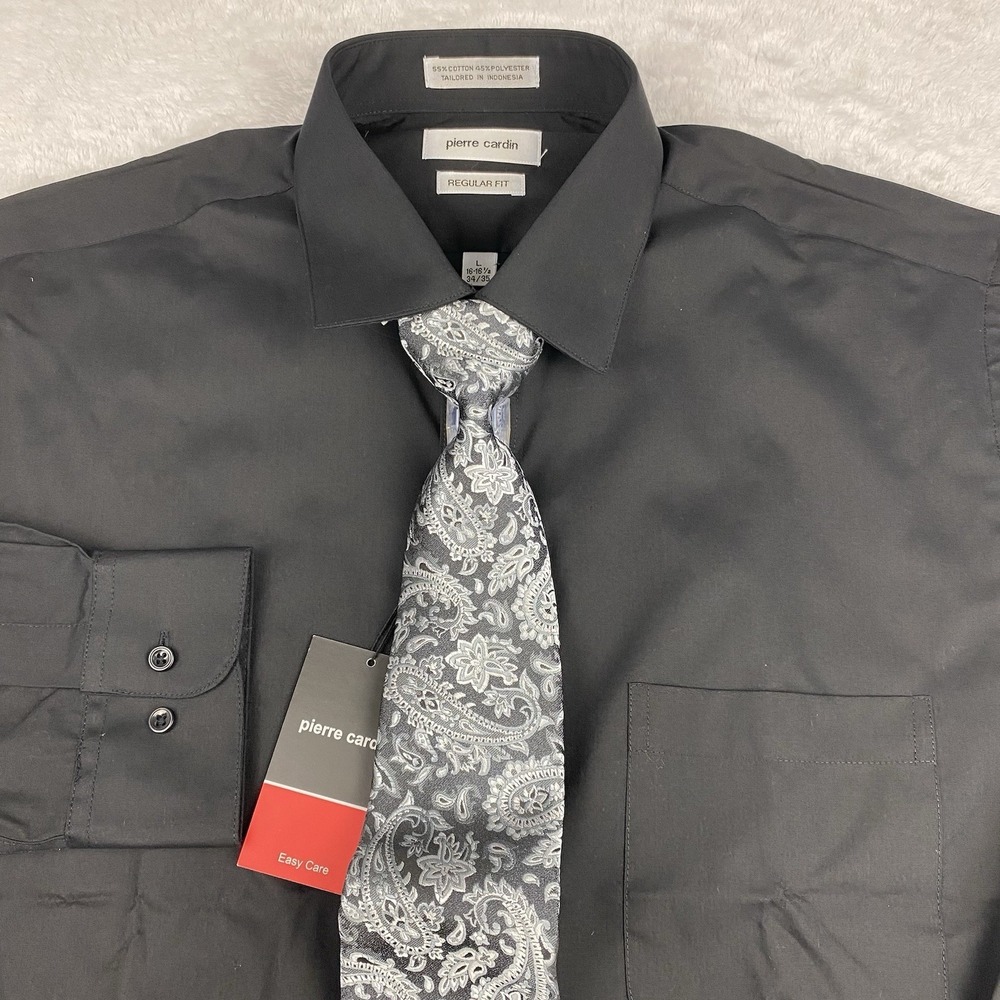 Pierre Cardin Men's 16.5-34/35 Dress Shirt with Tie Black Easy Care Regular Fit